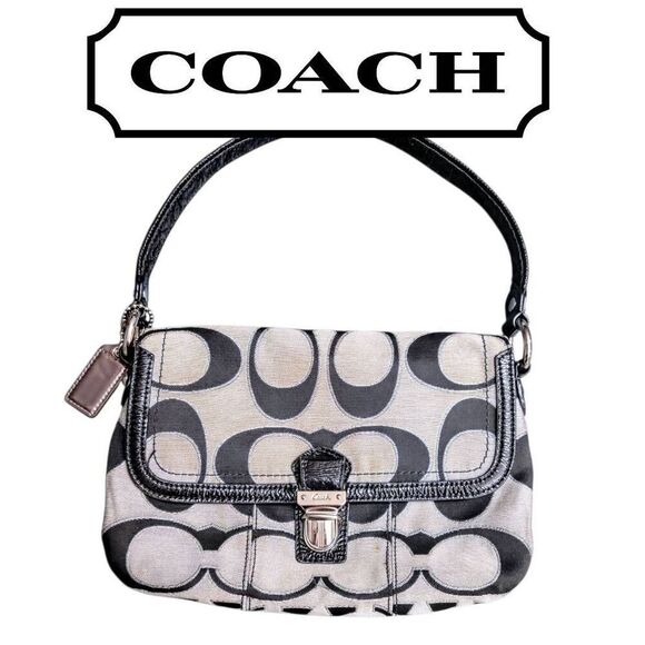 Coach Handbags - Coach Top Handle Signature Silver Outline Black Patent Leather Trim Small Bag